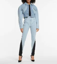 Kvinnors jeans mode lapptäcke färgblock kvinnor hög midja slim avslappnad rak denim blyerts byxor kvinnlig