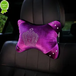 New Purple Crystal Crown Car Interior Accessories Plush Car Neck Pillow with Bling Diamond Bone-Shaped Vehicle Headrest Cushion