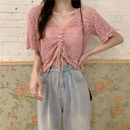 Women's T Shirts T-shirts Women Korean Style Chic Summer Crop Tops Shirring Sexy V-neck Knitted Female Streetwear Thin