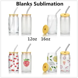12oz 16oz Sublimation Glass Beer Mugs with Bamboo Lid Straw DIY Frosted Clear Drinking Utensil Coffee Wine Milk Beer Cola Juice Cold Drinkware Handmade Can