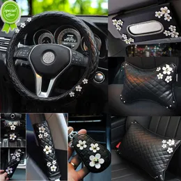 Ny söt Daisy Flower Car Interior Decoration Leather Steering Wheel Cover Hand Brake Shifter Gear Cover säkerhetsbälte biltillbehör