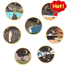 Outdoor Natural Scenery Brooches Set 7pcs Moon Mountains and Rivers Enamel Paint Badges for Girls Alloy Pin Denim Shirt Fashion Jewelry Gift Bag Accessories