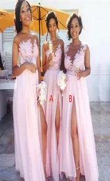 Baby Pink Neck Chffion Cheap Long Bridesmaid Dresses Sheer Mesh Top Lace Applique Split Floor Length Wedding Guest Maid Of Honor D3376396