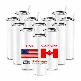 USA Canada Local Warehouse 20oz Sublimation Tumblers Rostfritt stål Kafferbilar förolämpade ämnen Vattenflaskor med plaststrå och lock