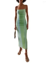 Vestidos Casuais Feminino Verde Tie Dye Skinny Sling Longo Alças Espaguete Sem Manga Sem Costas Vestido de Cetim Slip Bodycon