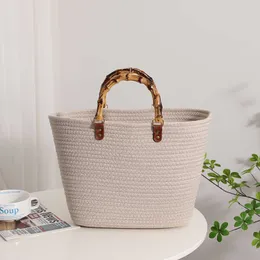 Bolsa Tote de Linha de Algodão Tecido à Mão de Grande Capacidade Design Listrado com Alça de Bambu Bolsa de Verão Boêmia Praia Palha 230424