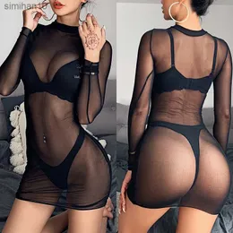 Women Sexy Dress Sex Pure Net Yarn Transparent Long-sleeved Crop Top Mini Dress Thin Black Dress Tight Dress L230518