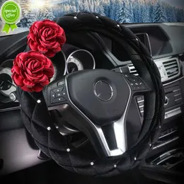 New Red Rose Flower Diamond Plush Car Interior Steering Wheel Covers Seatbelt Cover Gear Shifter Sets Car Accessories for Girls