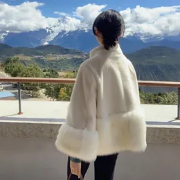 정장 2021 New Winter Imitation Mink Fur Jacket 여성 느슨한 모피 칼라 두꺼운 따뜻한 외투 여성 봉제 중간 길이 모직 코트 아브리고