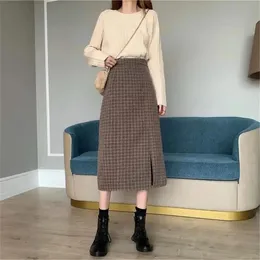 Robes Élégant taille haute élastique jupe longue femmes Y2k Vintage Plaid fendu Midi Aline jupes coréenne 2022 automne hiver laine Streetwear