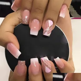 Unghie finte 24Pcs Short Bara Nude Pink Design Artificial Ballerina Fake With Glue Fl Er Nail Tips Press On 220708 Drop Delivery He Dhfni