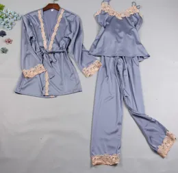 Autumn Women Pajamas Sets Sleep Lounge Satin Sleepwear Lace Silk 3 Pieces CamisoleRobePants Pyjama Femme Home Suit6597261
