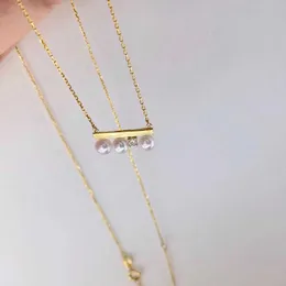 Hot tiffay's same three bead balance beam Necklace freshwater pearl inlaid clavicle chain female 14K Gold O-shaped adjustable UV4E