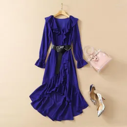 Casual Dresses High Quality Nice Runway Celebrity Women's Elegant Long Sleeve V-Neck Lantern Ruffled Irregular Dovetail Dress