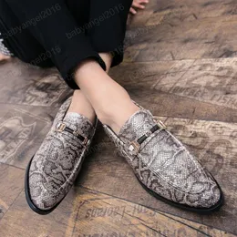 High Quality Snake Pattern Printed Mens Dress Shoes Pointed Toe Formal Shoes Men Slip On Leather Flat Loafers Zapatos Hombre186o