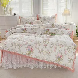 Bedding Sets Cotton Korean Princess Style Set Flowers Pattern Duvet Cover Lace Ruffles Quilted Bed Skirt Bedspread Pillowcases