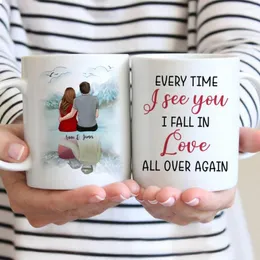 Mugs Couple Personalized Mug Custom Made Coffee Cups Gift For Wife Husband DIY Fall In Love All Over Again 11/15 Oz R2063