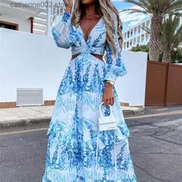 Casual Dresses Women Boho Maxi Dress Summer Sexy Vneck Hollow Out Lantern Sleeve Party Club Dresses Backless Beach Cover Up Female Robe Dress 220809 T230601