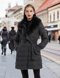 Damen-Trenchmäntel Giolshon Damen-Pufferjacke aus Leder für den Winter, warme Luftpolsterung, lang, mit abnehmbarem Kunstpelzkragen