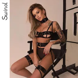 Bras Sets Swinol Sensual Lingerie Woman 5 Piece Lace Underwear Hollow Out Erotic Brief Push Upp Adjustable Buckle Bra Garters Suit