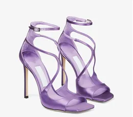 Verano nuevo Taro púrpura satén tacones altos Stiletto punta abierta sandalias punta cuadrada hebilla correa Sexy todo-fósforo zapatos de mujer 41