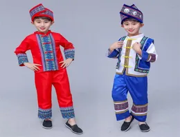 Bühnenkleidung Kinder Chinesische alte Hmong Miao Kostüm Jungen Druck Folk Hanfu Kleid Kleidung Set Traditionelle Festival Performance WearS3875548