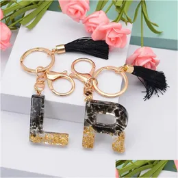 Nyckelringar Letter Nyckelring Black Tassel Gold Foil Harts Chain Car Pendant Holder Handväska Charms Akryl Ring Smycken Tillbehör Drop de DHR2D