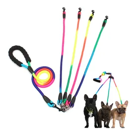 Dog Collars Leashes Rainbow Multi Dogs Leash Nylon Detachable Pet Lead Foam Handle 1 Leash for 2 or 3 or 4 Dogs Round Traction Rope Dog Supplies 230531