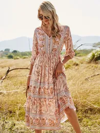 Klänningar msFilia Spring Bohemia Floral Dress Women Casual V Neck High midja Halvhylsa Fashion Print Summer Long Dress