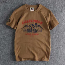 夏の新しいアメリカンレトロショートスリーブOネックマウンテンプリントTシャツメンズファッション100％コットンウォッシュオールドユースカジュアルトップL230520