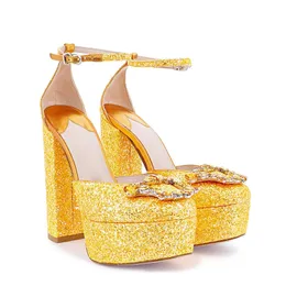 leather women 2024 new Ladies dress super 13cm high heel shoes platform pumps diamond thick Glitter bottom dance party wedding buckle mary jane Bowtie size
