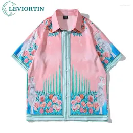 Men's Casual Shirts Hip Hop Floral Pink Holiday Beach For Men And Women Summer Thin Material Short Sleeve Blouses Tops Y2K Streetwear