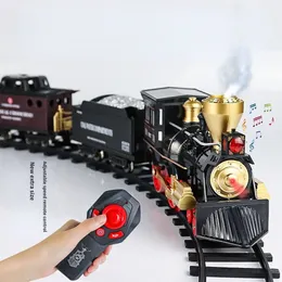 Electric/RC Track Simulation Train Remote Control Retro Steam Electric Stepless Speed Control Remote Smoking Train Children's Toys 230601