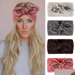 Pannband nya vinterkvinnor varmare brett band ullblommor hårband stickade virkning twist turban headwrap för tjej droppleverans juvel dh6yg