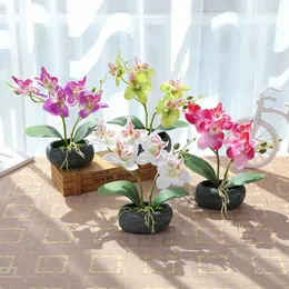Garden Decorations Double Butterfly Orchid Potted Plant Artificial Silk Flower Bonsai Cement Flower Pot Wedding Party Home Garden Decoration 230601