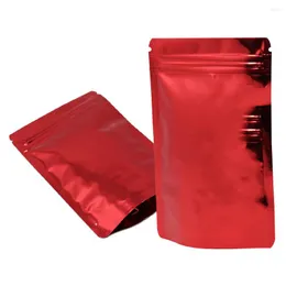 Sacchetti di stoccaggio 100 Pz/lotto Rosso Lucido Foglio di Alluminio Stand Up Bag Cibo Noci Dolci Frutta Secca Impermeabile Antipolvere Strappo Tacca