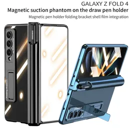 Magnetic Hinge Plating Transparent Vogue Phone Case for Samsung Galaxy Folding Z Fold4 5G S Pen Slot Holder Adjustable Bracket Clear Membrane Fold Shell Shockproof