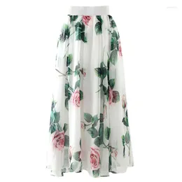 Kjolar Anpassa kvinnor Summer Fashion Floral Rose Print Kjol Lady's Casual Plus Size 3XS-10XL Retro Vintage Maxi Long Chiffon