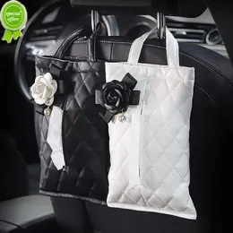 New Fashion Pearl Camellia Flower Car Headrest Tissue Bag Auto Seat Hanging Leather Paper Box Tower Holder Styling Car Accessories
