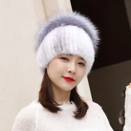 Womens Real Mink Fur Hat Knitted Cap Beanie Ski Warm Skull Earmuff W Silver Fox Ball Pom