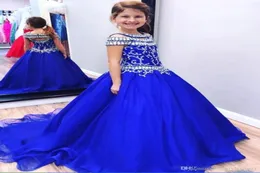 Sweep Train Girls Pageant Gowns Royal Blue Capped Sleeves Luxury Beaded Gorgeous Flower Girl Dresses Wedding Custom Bridesmaid Dre8281335
