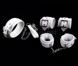 Bondage White PU Leather Handcuffs Ankle Cuffs Restraints Neck Collar With Chain Leash R982635738