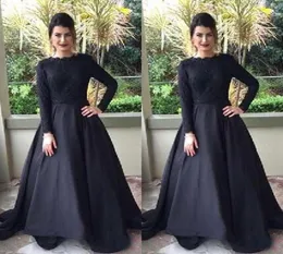 Modest Muslim Evening Dress Black Bateau Neck Long Sleeve Lace Top Prom Party Gowns Cheap High Quality Formal Wear with Sweep Trai8997099