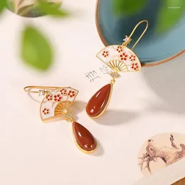 Dangle Earrings Ancient Gold Craft Southern Red Tourmaline Blossom Fan For Women Chinese Style Exquisite Water Drop Eardrop Jewelry