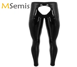 Mens Sexy Lingerie Shiny Patent Leather Pants Mens Exotic Open BuPants Gay Open Pouch Tight Pants Leggings Trousers for Men2850890
