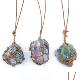 Pendant Necklaces Retro Handmade Braided Stone Choker Necklace Nets Natural Quartz Purple Green Fluorite Drop Delivery Jewelry Pendan Dh7Sy