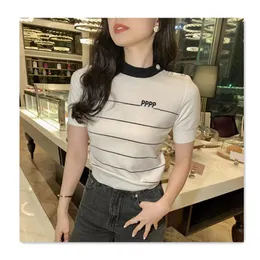 Luxury Womens Sweater Designer Sweaters Knitwear Pullover Half Sleeve Striped Thin Sweater Women's Fashion Letter Printing Slim Fit Knitted tshirt Casual Wool Top