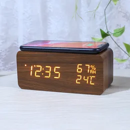 Desk Table Clocks Digital Clock Wooden Alarm Wireless Charging Clok for Bedroom Office LED Display Thermometer Humidity 230531