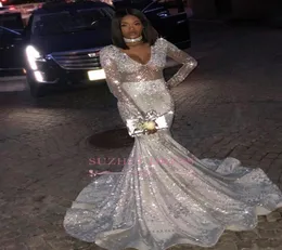 2K19 Sparkly Silver Sequins Mermaid Prom Dresses for Black Girl Deep V Neck Long Sleeves Sexy Evening Party Gowns BC08717299082