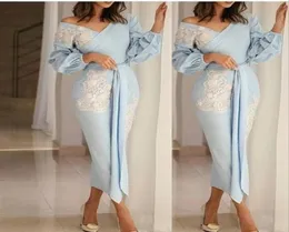 Tea Length Light Sky Blue Mother Of The Bride Dresses Off The Shoulder Evening Dresses With Long Sleeves Appliques Party Gowns Pro3982475